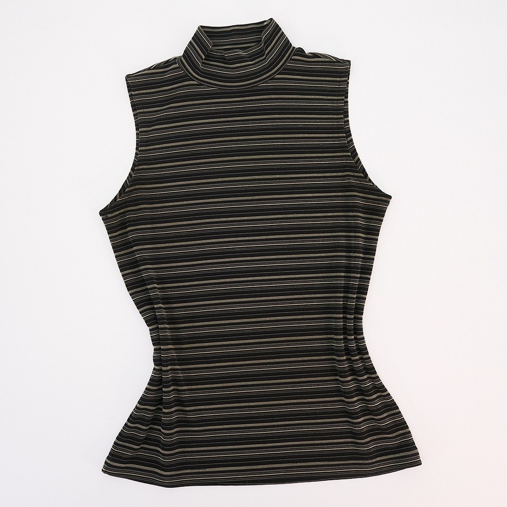 Alfani Black Tan Striped Sleeveless Top Fine Knit Mock Neck